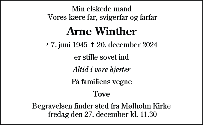 Dødsannonce for Arne Winther