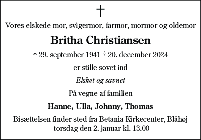 Dødsannonce for Britta Christiansen