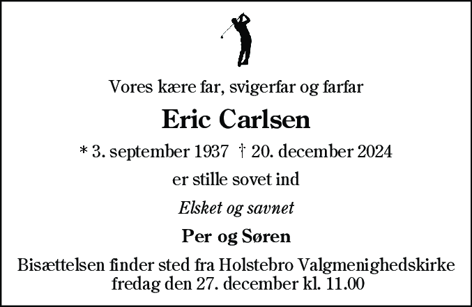 Dødsannonce for Eric Carlsen