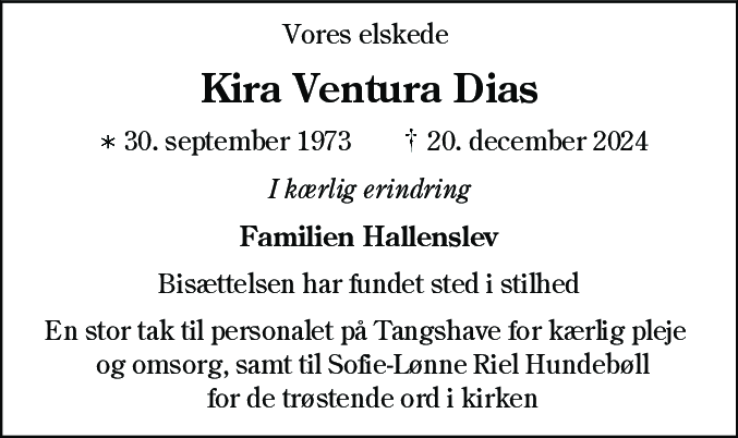 Dødsannonce for Kira Ventura Dias