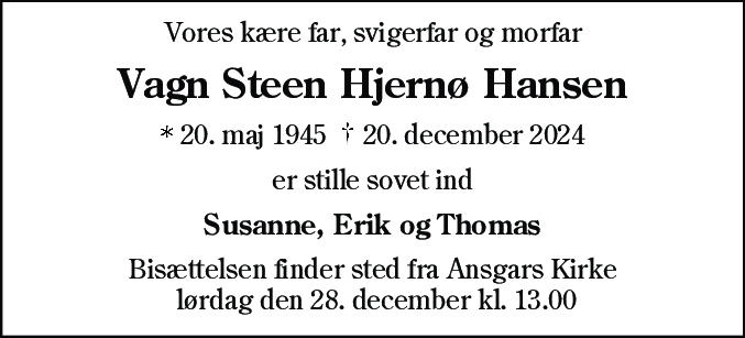 Dødsannonce for Vagn Steen Hjernø Hansen