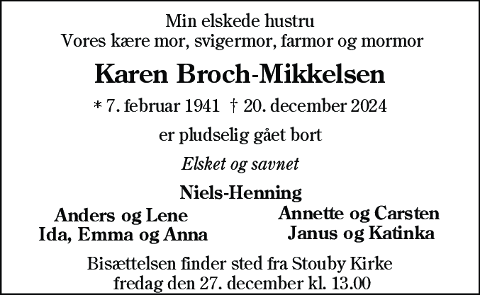 Dødsannonce for Karen-Marie Broch-Mikkelsen