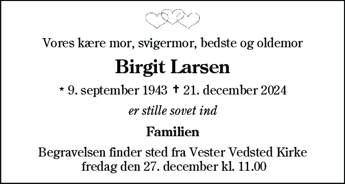 Dødsannonce for Birgit Larsen
