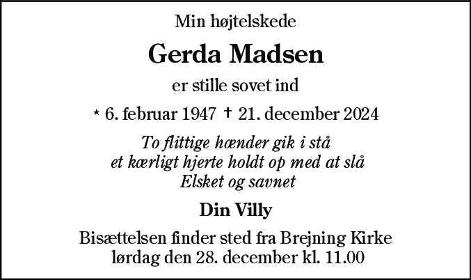 Dødsannonce for Gerda Madsen