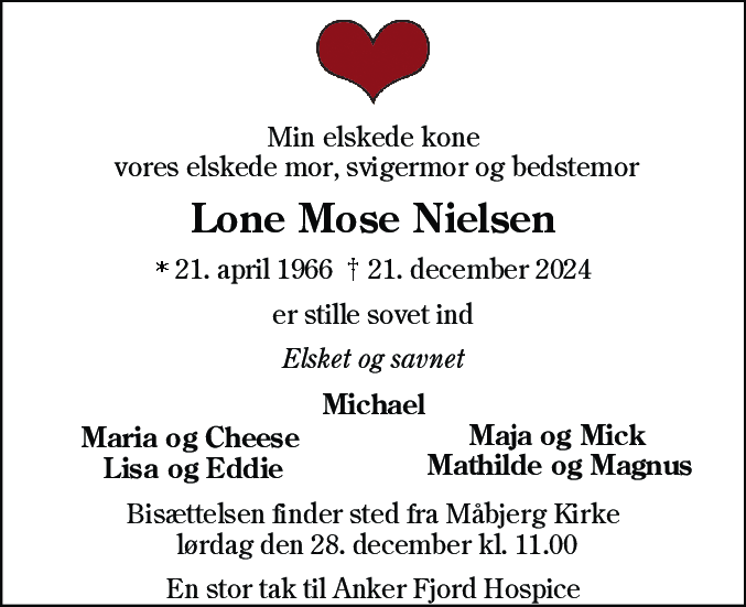 Dødsannonce for Lone Mose Nielsen