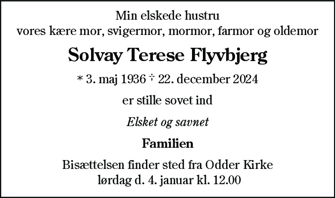 Dødsannonce for Solvay Terese Flyvbjerg