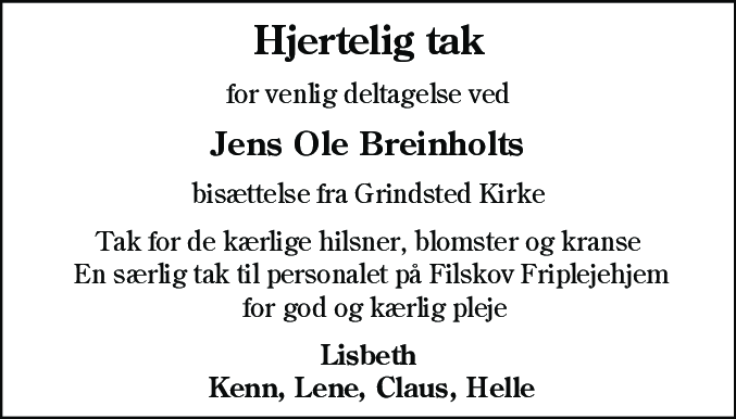 Dødsannonce for Jens Ole Breinholt