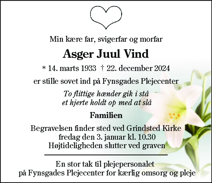Dødsannonce for Asger Juul Vind