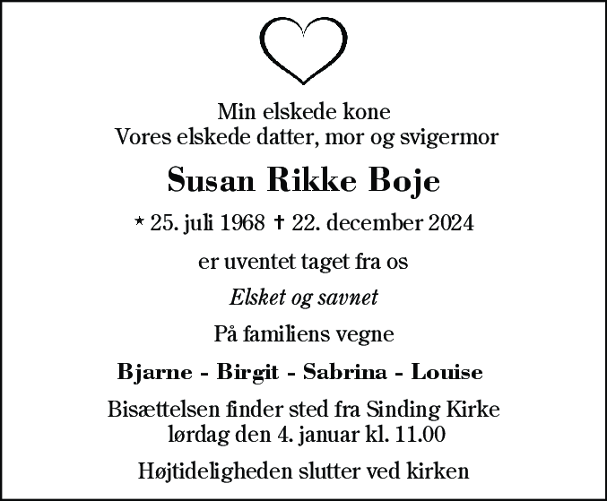 Dødsannonce for Susan Rikke Boje