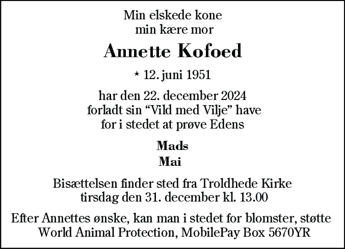 Dødsannonce for Annette Kofoed