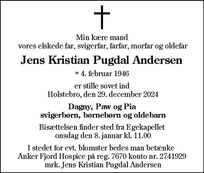 Dødsannonce for Jens Kristian Pugdal Andersen