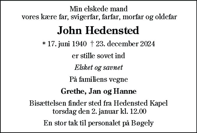 Dødsannonce for John Hedensted