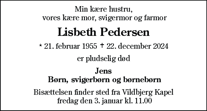 Dødsannonce for Karen Elisabeth Pedersen