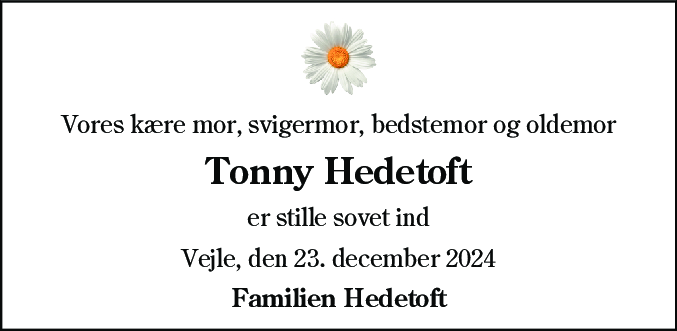 Dødsannonce for Tonny Hedetoft