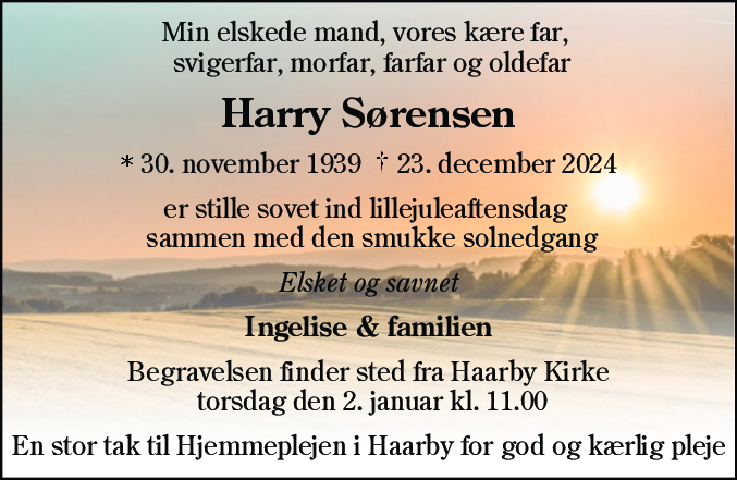 Dødsannonce for Harry Sørensen