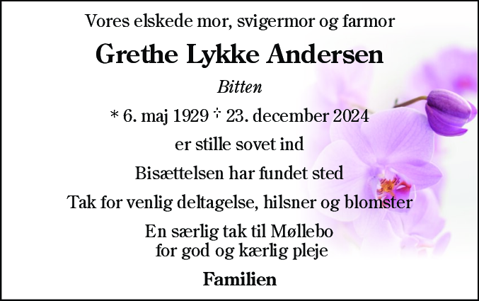 Dødsannonce for Grethe Marie Kirstine Andersen