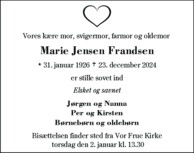 Dødsannonce for Marie Jensen Frandsen