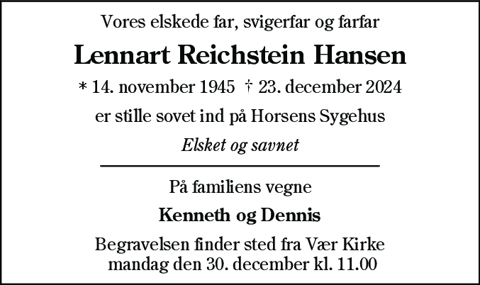 Dødsannonce for Lennart Reichstein Hansen