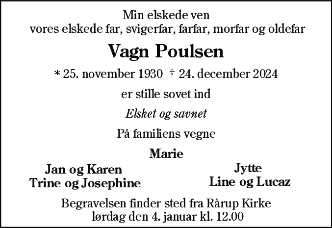 Dødsannonce for Vagn Aage Poulsen