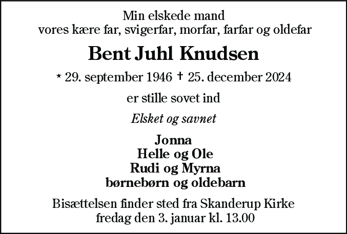 Dødsannonce for Bent Juhl Knudsen