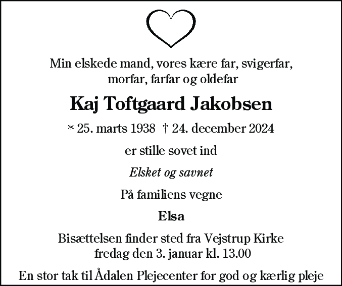 Dødsannonce for Kaj Toftgaard Jakobsen