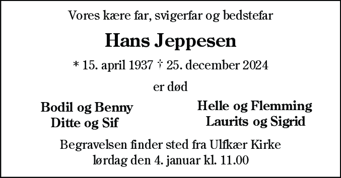 Dødsannonce for Hans Jeppesen