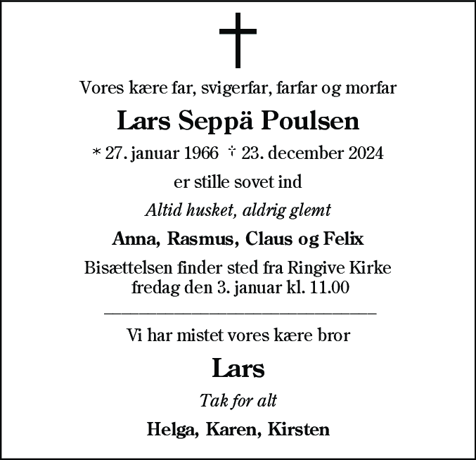 Dødsannonce for Lars Seppä Poulsen