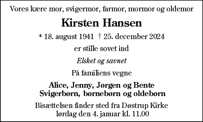 Dødsannonce for Kirsten Hansen