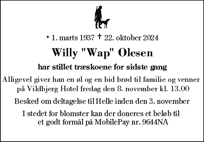 Dødsannonce for Willy Olesen