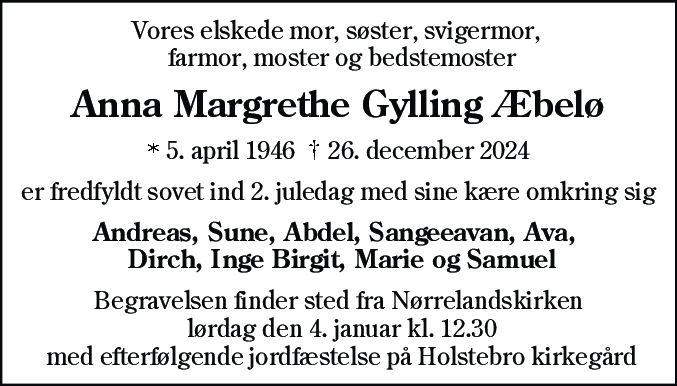 Dødsannonce for Anna Margrethe Gylling Æbelø
