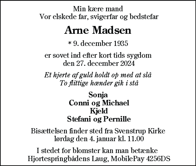 Dødsannonce for Arne Madsen