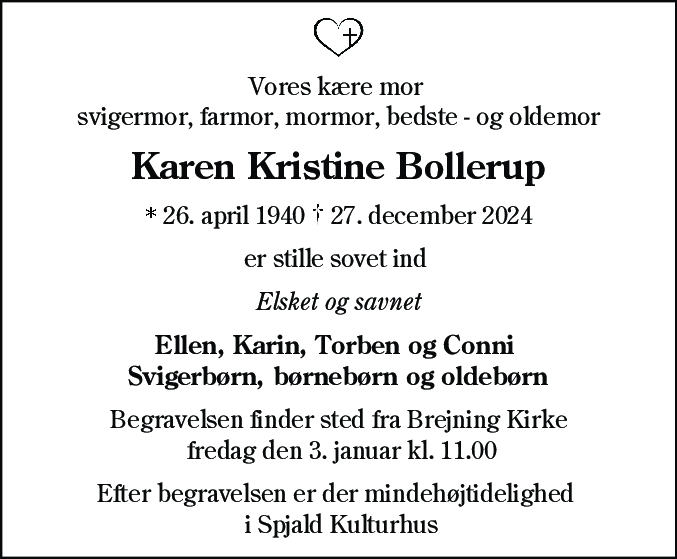 Dødsannonce for Karen Kristine Bollerup