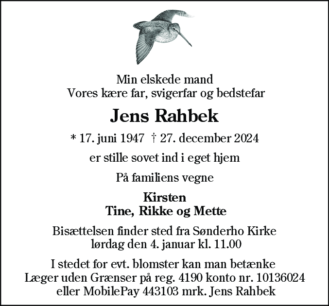 Dødsannonce for Jens Jørn Rahbek