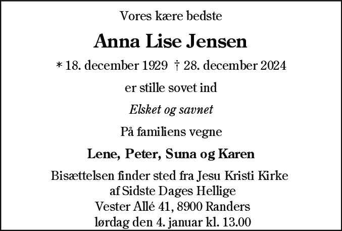 Dødsannonce for Anna Lise Jensen