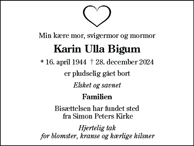Dødsannonce for Karin Ulla Bigum