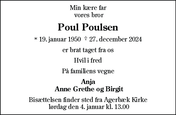 Dødsannonce for Poul Poulsen