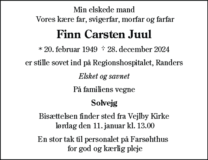 Dødsannonce for Finn Carsten Juul