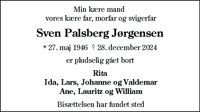 Dødsannonce for Sven Palsberg Jørgensen