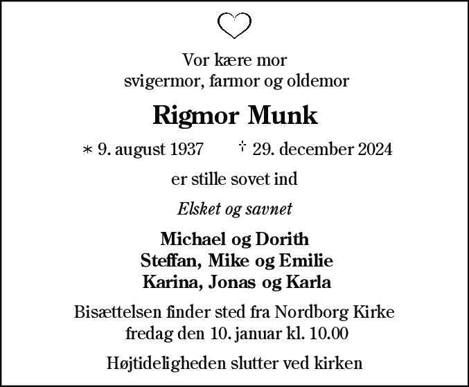 Dødsannonce for Rigmor Munk