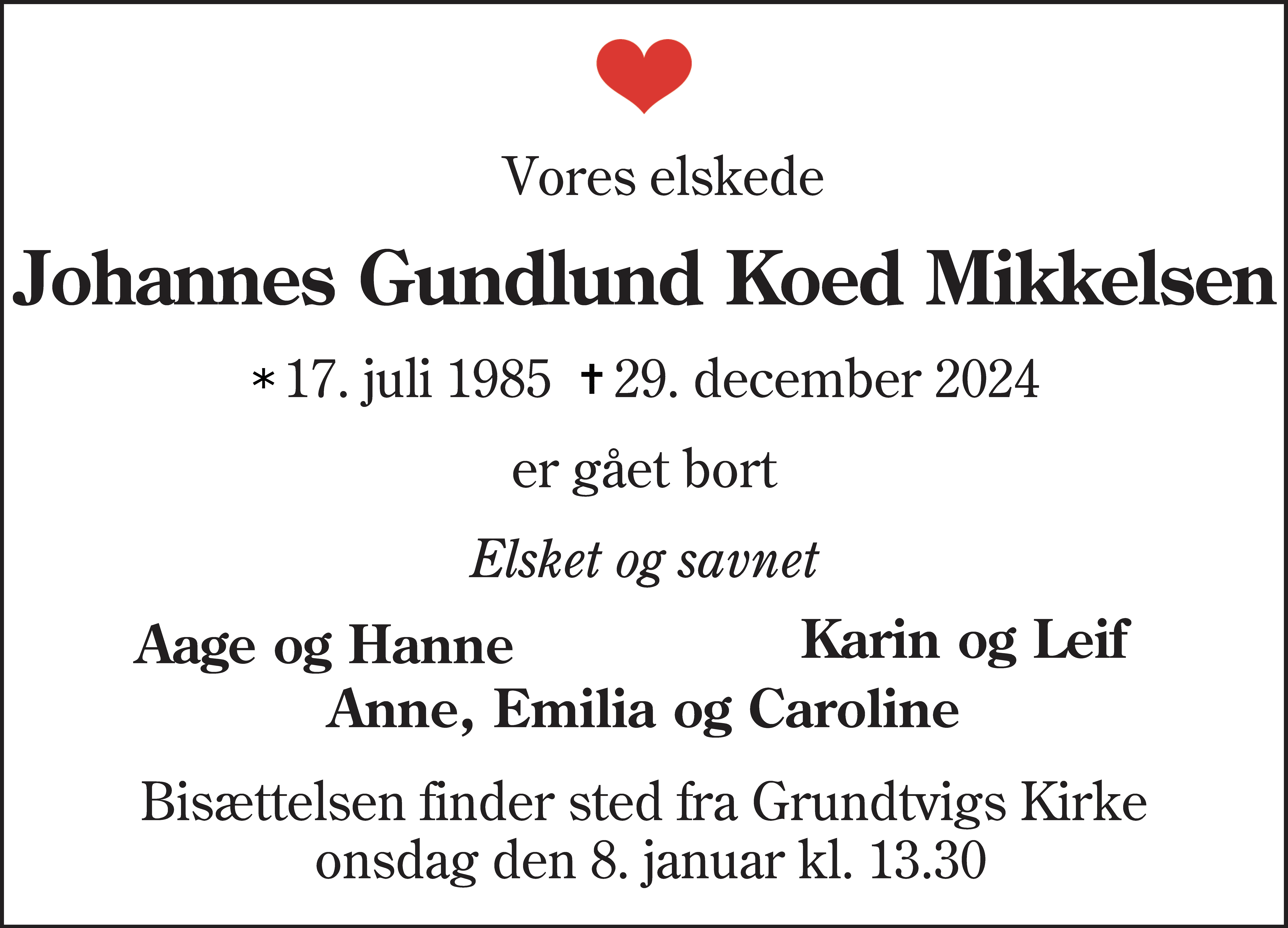 Dødsannonce for Johannes Gundlund Koed Mikkelsen