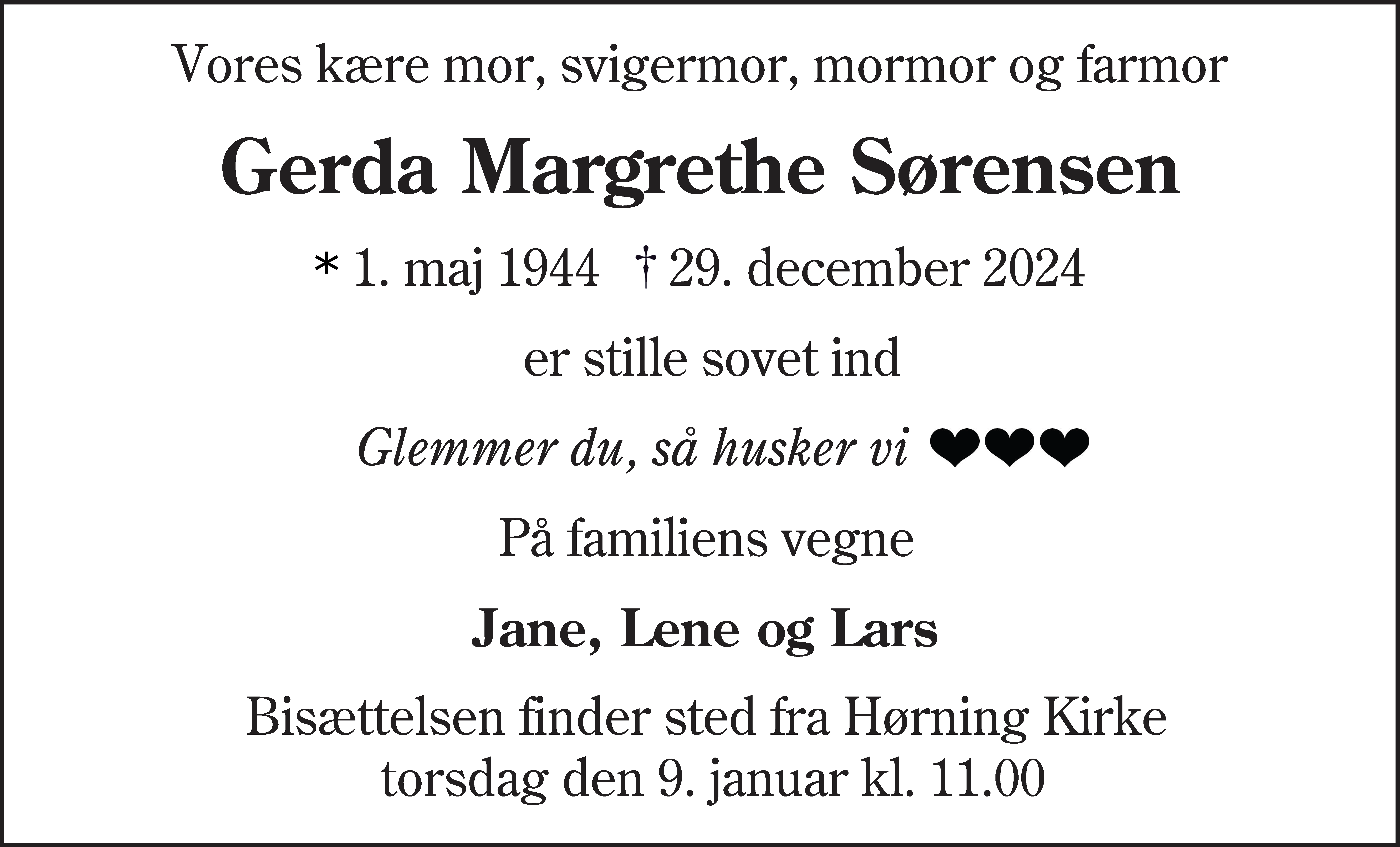 Dødsannonce for Gerda Margrethe Sørensen