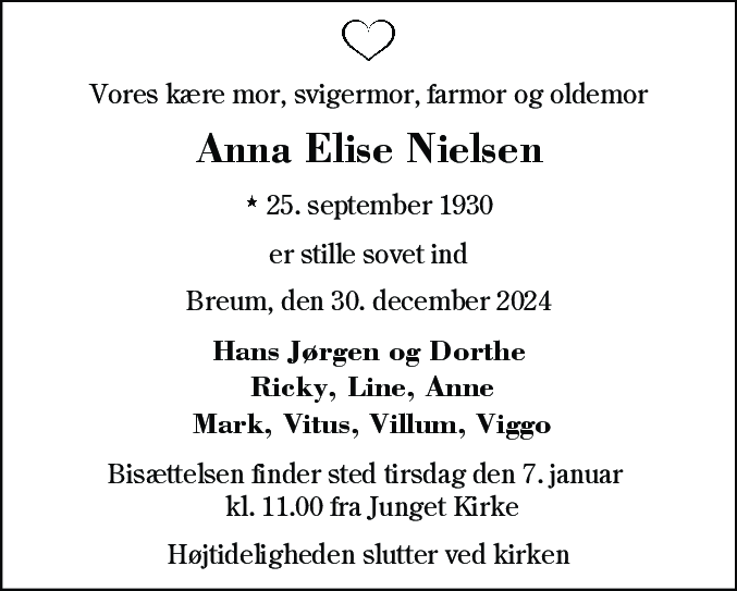 Dødsannonce for Anna Elise Nielsen