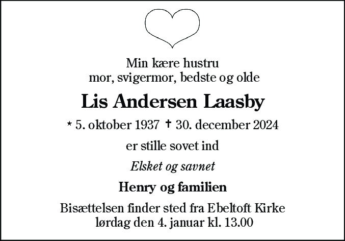 Dødsannonce for Lis Andersen Laasby