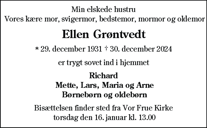 Dødsannonce for Ellen Grøntvedt