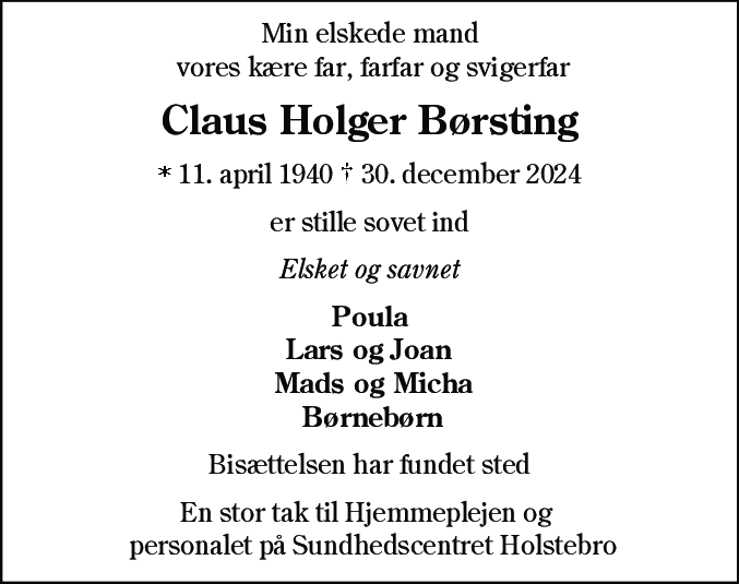 Dødsannonce for Claus Holger Børsting