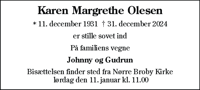 Dødsannonce for Karen Margrethe Olesen
