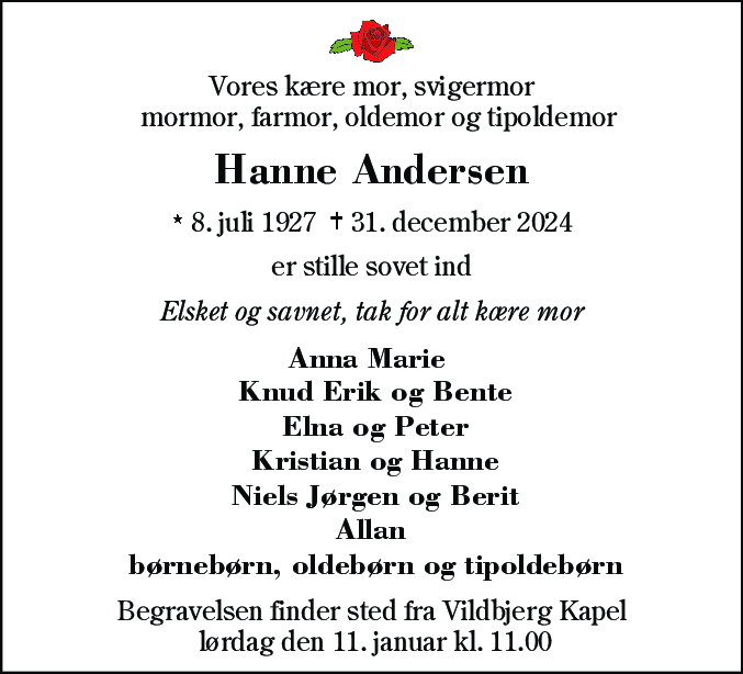 Dødsannonce for Else Johanne Andersen