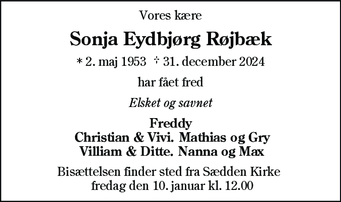 Dødsannonce for Sonja Eydbjørg Røjbæk