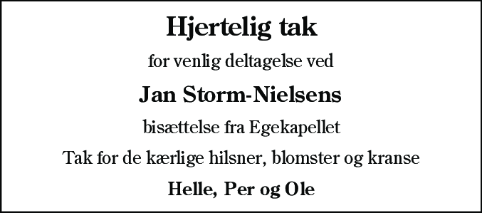 Dødsannonce for Jan Storm-Nielsen