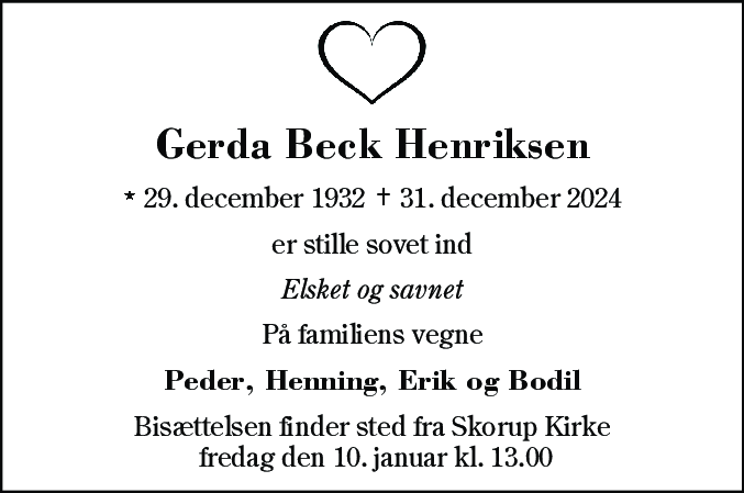 Dødsannonce for Gerda Beck Henriksen